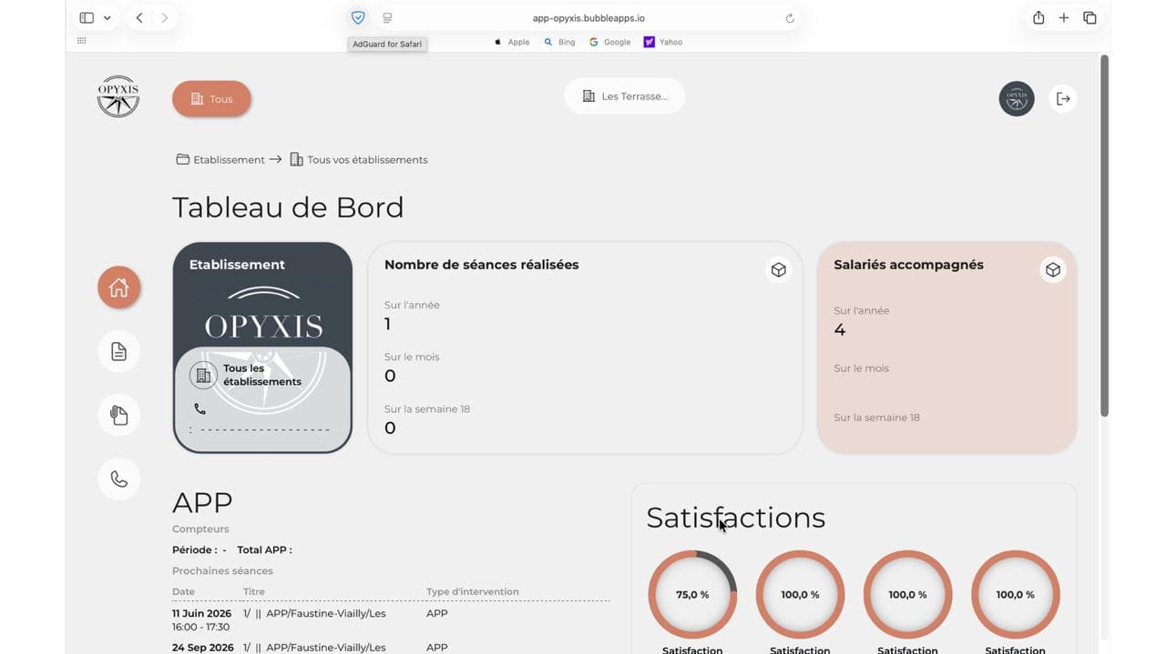 Application APP Opyxis — tableau de bord établissement, séances réalisées et salariés accompagnés