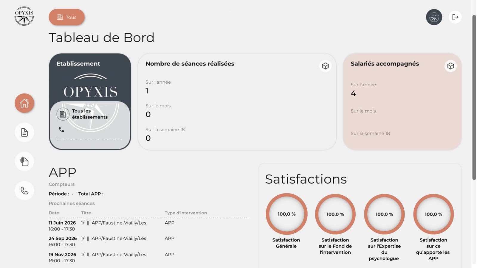 Application APP Opyxis — tableau de bord établissement, séances réalisées et salariés accompagnés